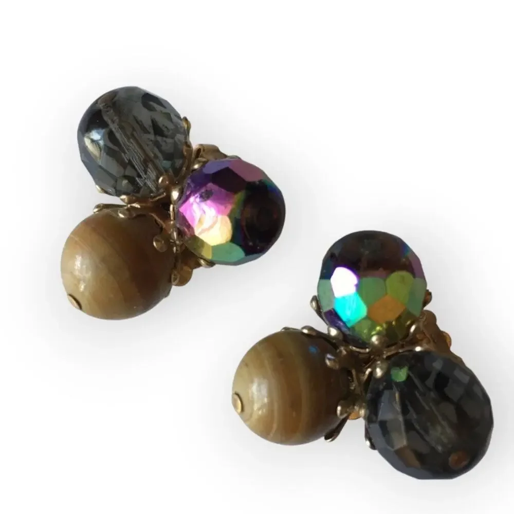 Earth tone large bead cluster clip-on earrings